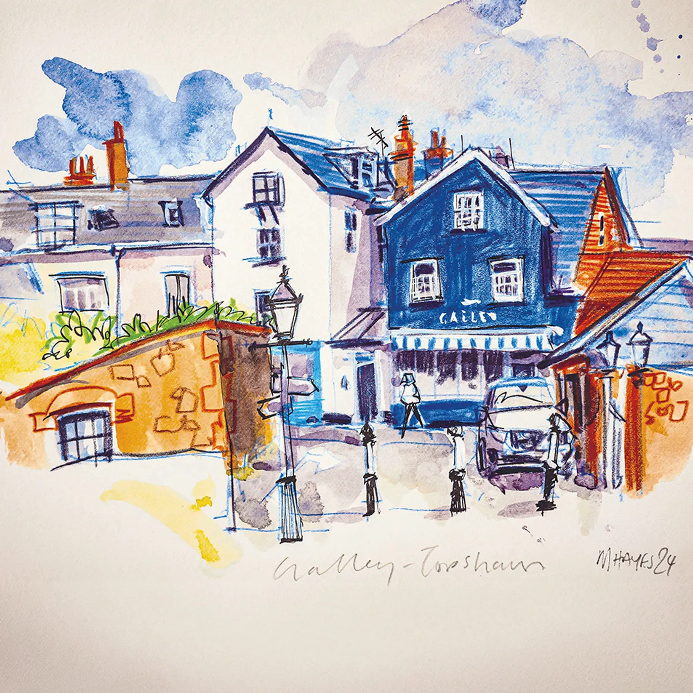 Watercolour painting of The Galley building on Fore Street, Topsham