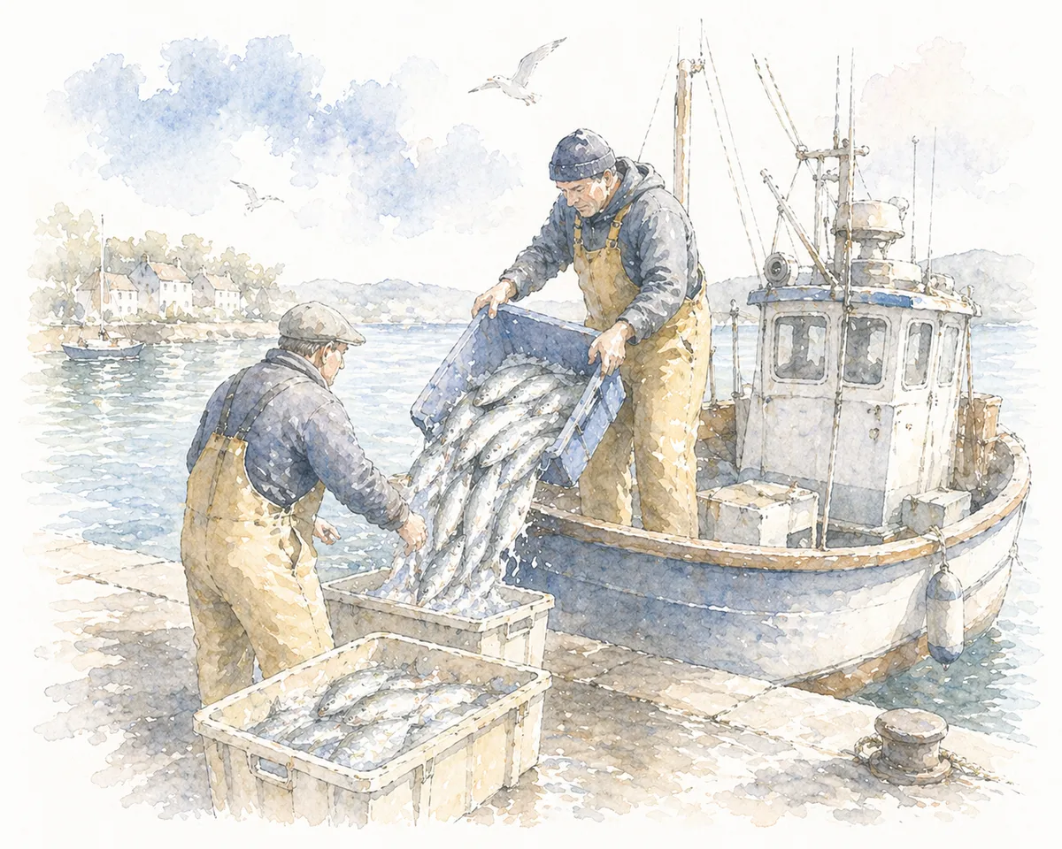 Watercolour of fishermen unloading day-caught fish at Brixham harbour