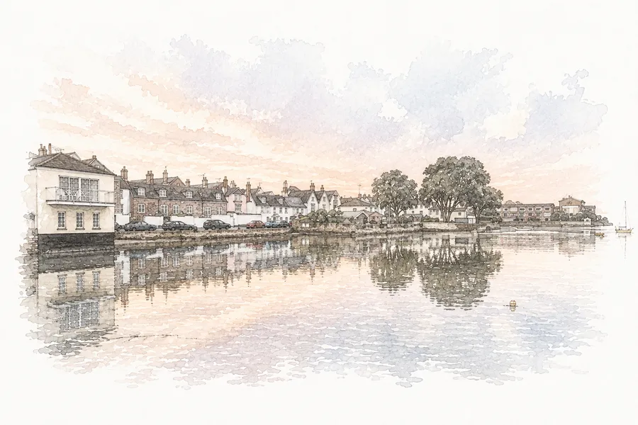 Watercolour of Topsham harbour with sailing boats on the Exe estuary