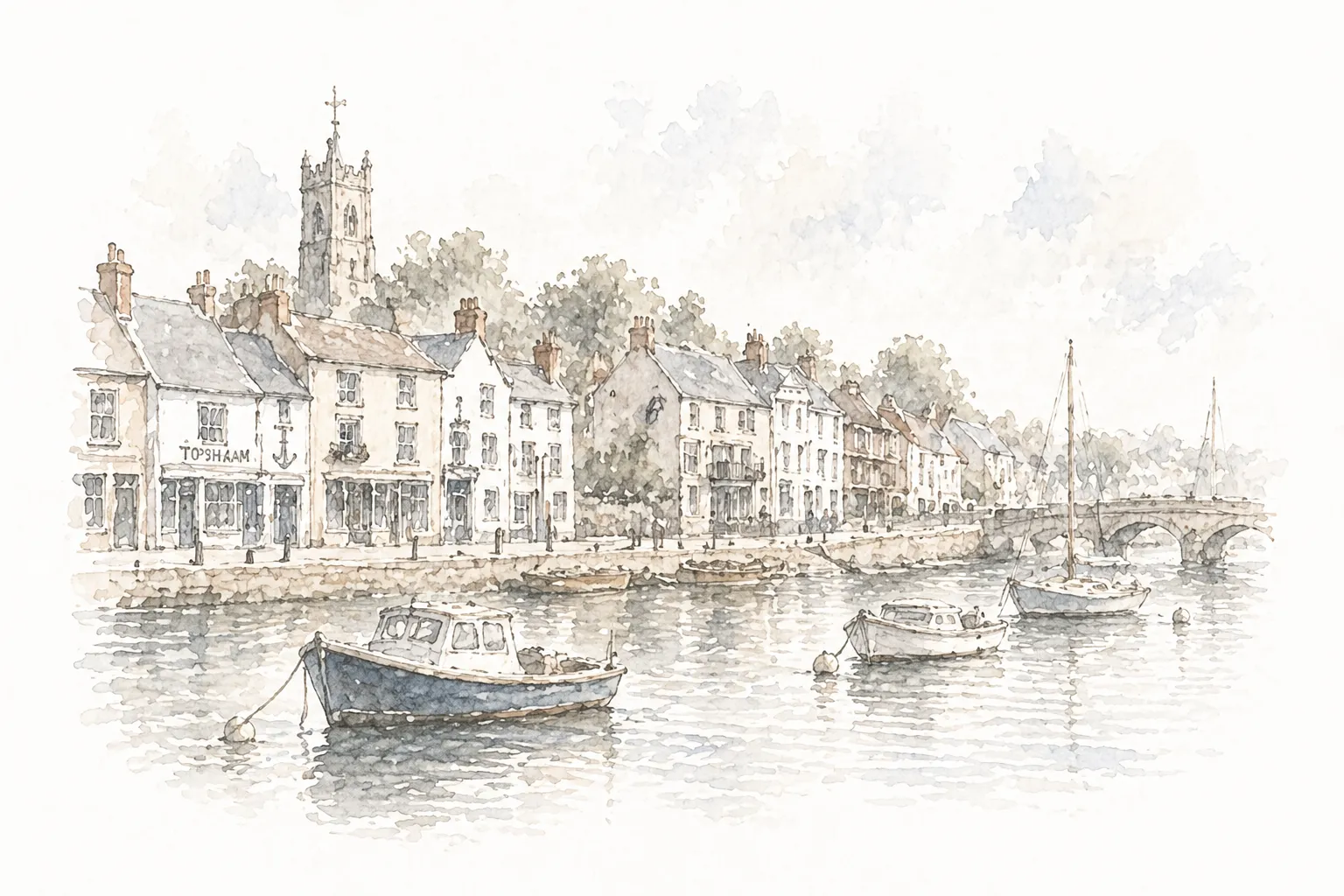 Watercolour of Topsham harbour with sailing boats at low tide