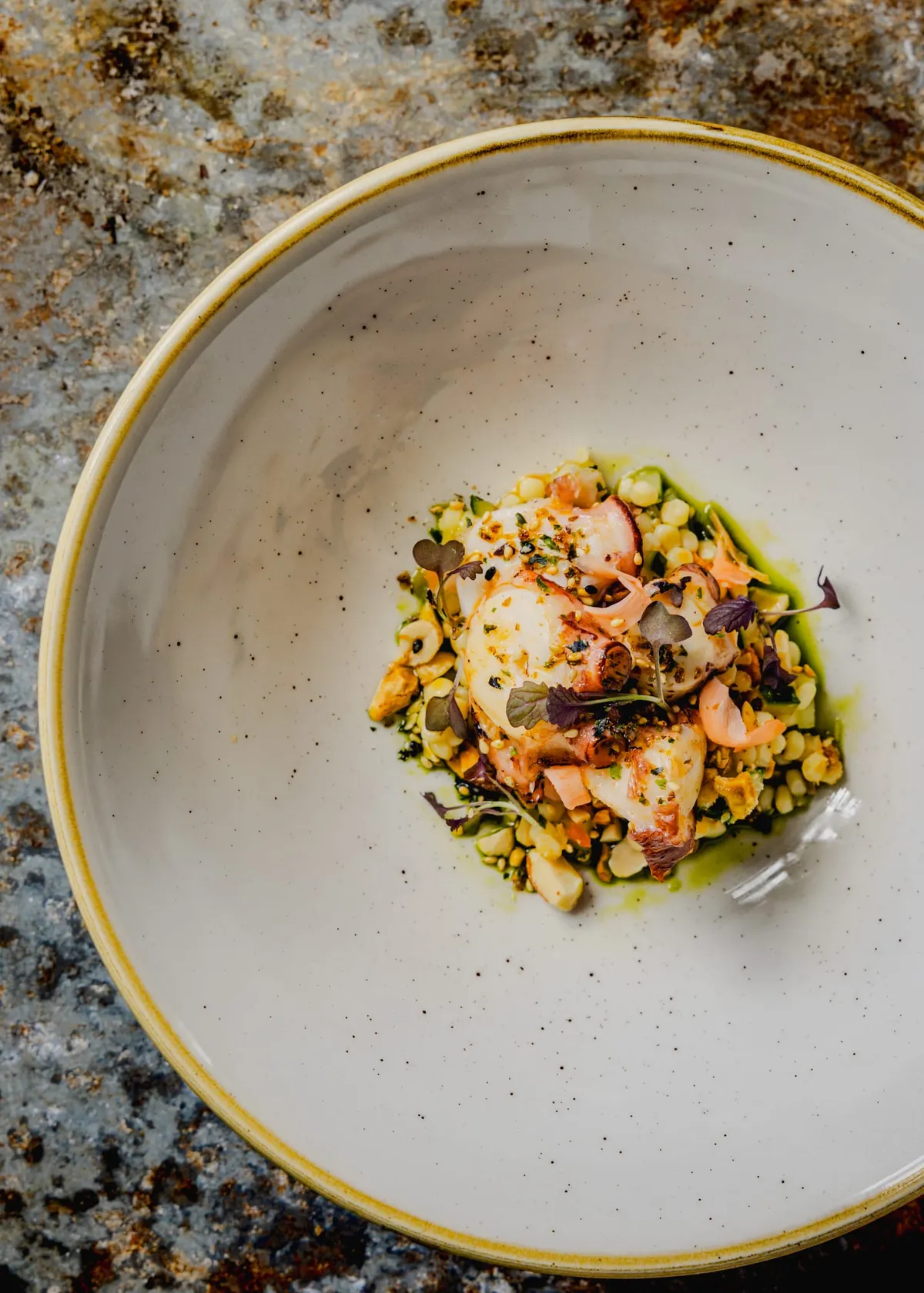 Wild Cornish octopus with romesco and pearl couscous, top-down in a white bowl