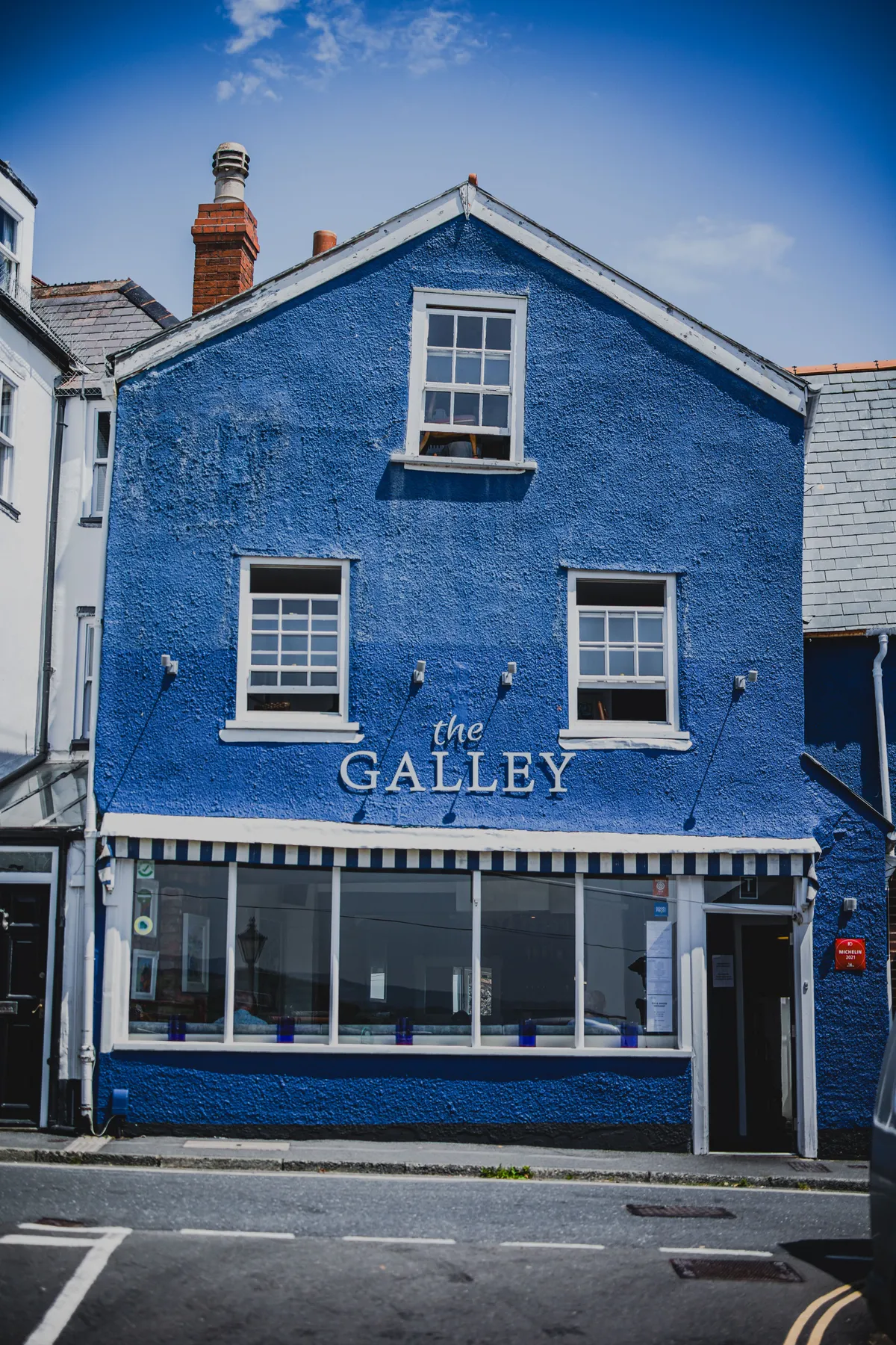 The Galley's blue-painted exterior on Fore Street, Topsham