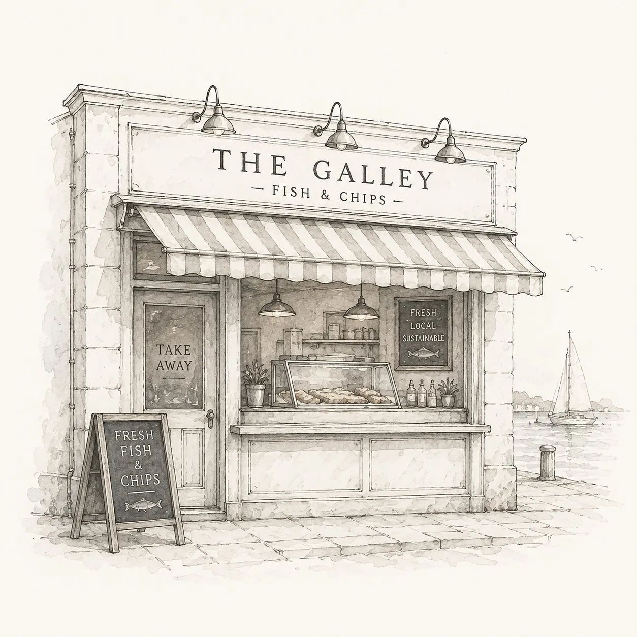 Watercolour illustration of The Galley Fish & Chips takeaway storefront with striped awning, hanging lamps and a sailboat in the distance