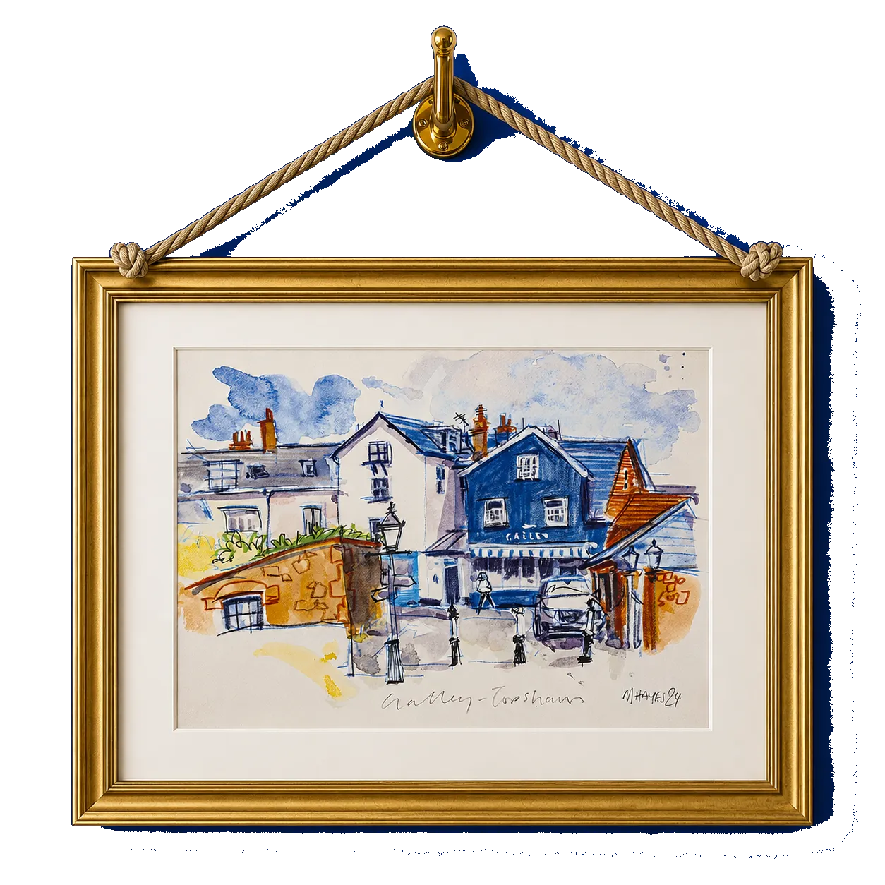 Framed watercolour of The Galley building hanging from a hemp rope